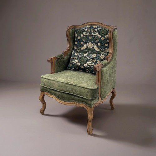 Интерьерное каминное кресло Сезарина с комбинированной обивкой из гобелена и мягкой подушкой